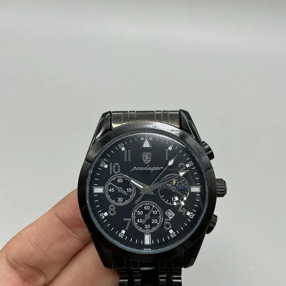 Poedagar Mens Watch 40mm Blue Dial Black Stainless Faux Chrono P318 7.75